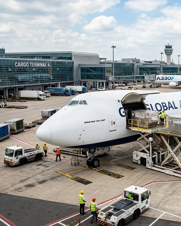 Avion-cargo Boeing 747 en chargement devant un terminal de fret aérien