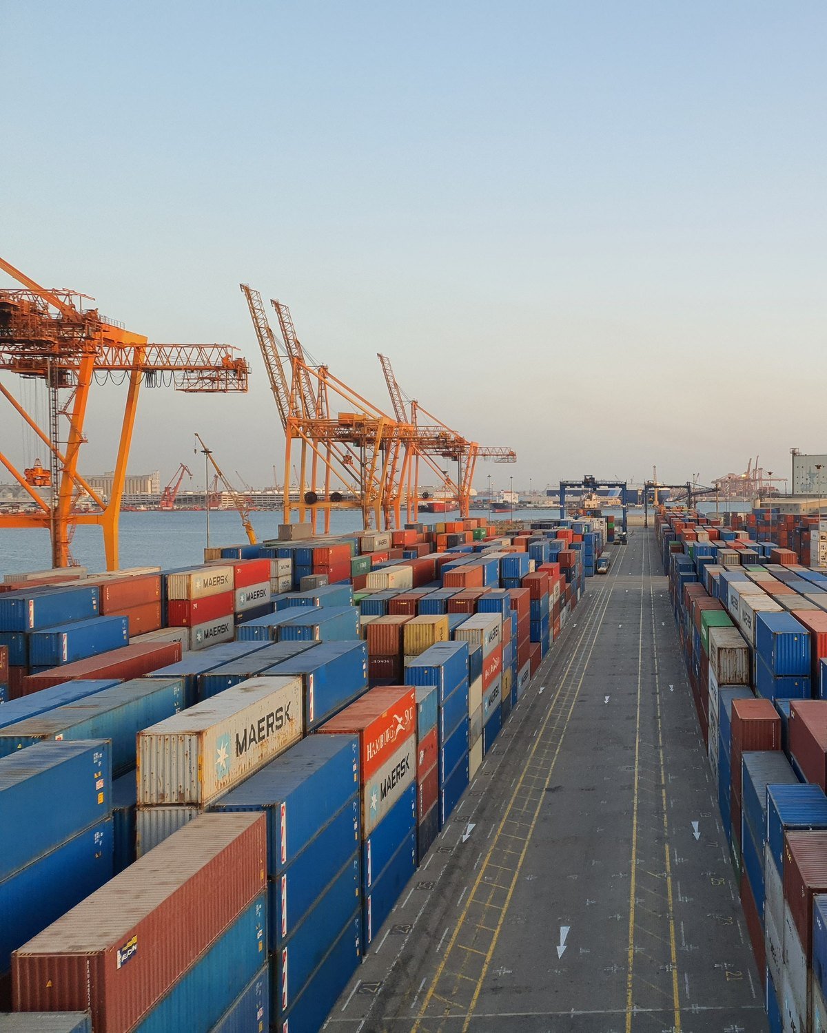 Grues portuaires et parc à conteneurs d'un terminal maritime