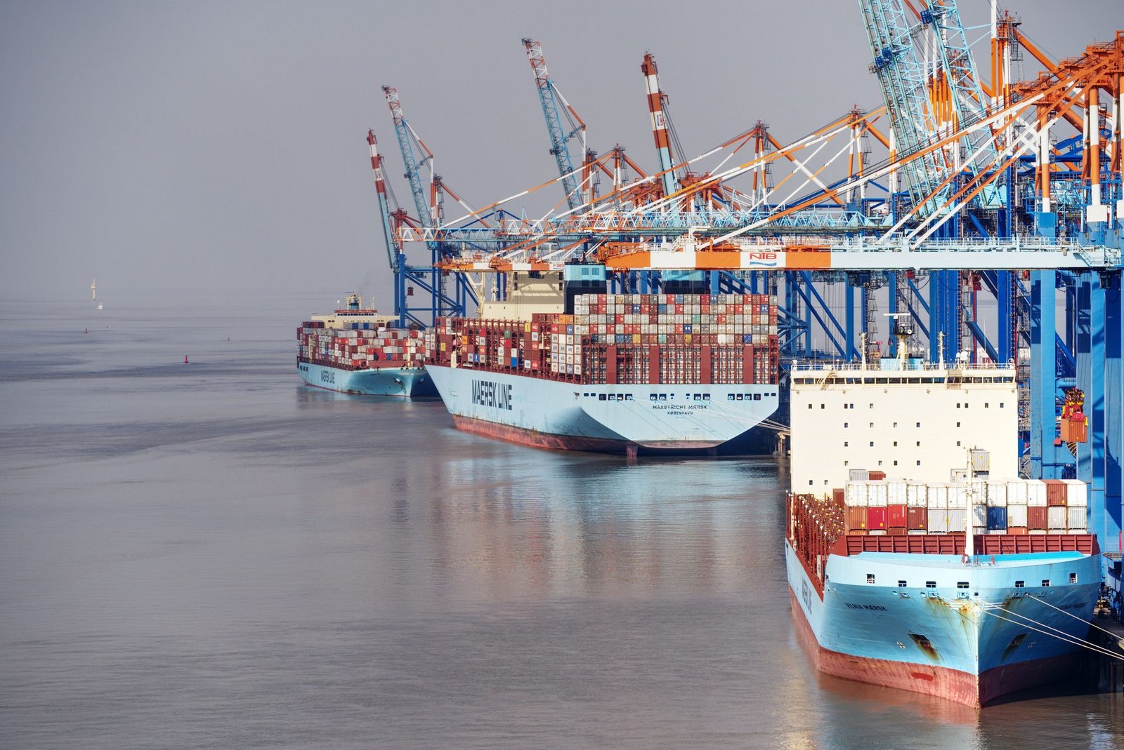 Navires porte-conteneurs à quai sous les portiques d'un terminal